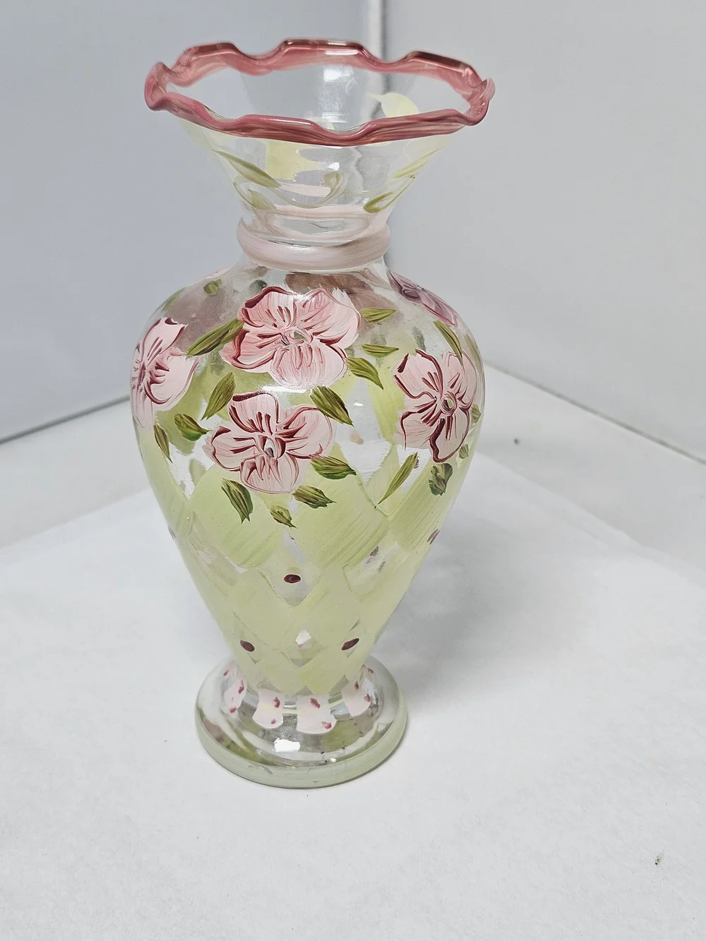Vintage Tracey Porter Hand-Painted Glass Vase with Pink Floral Design
